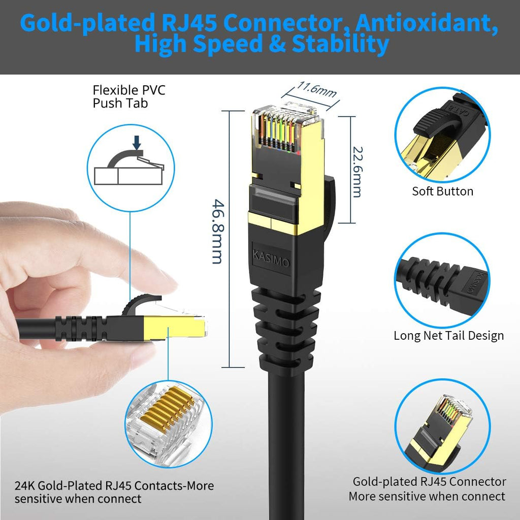 Cat 8 Ethernet Cable 1 FT, Cat8 Network LAN Cable High Speed 40Gbps with RJ45 Gold Plated Connector SFTP Shielded Cord, Gaming Patch Cable for Router, Modem (Black, 1FT 1 Pack)
