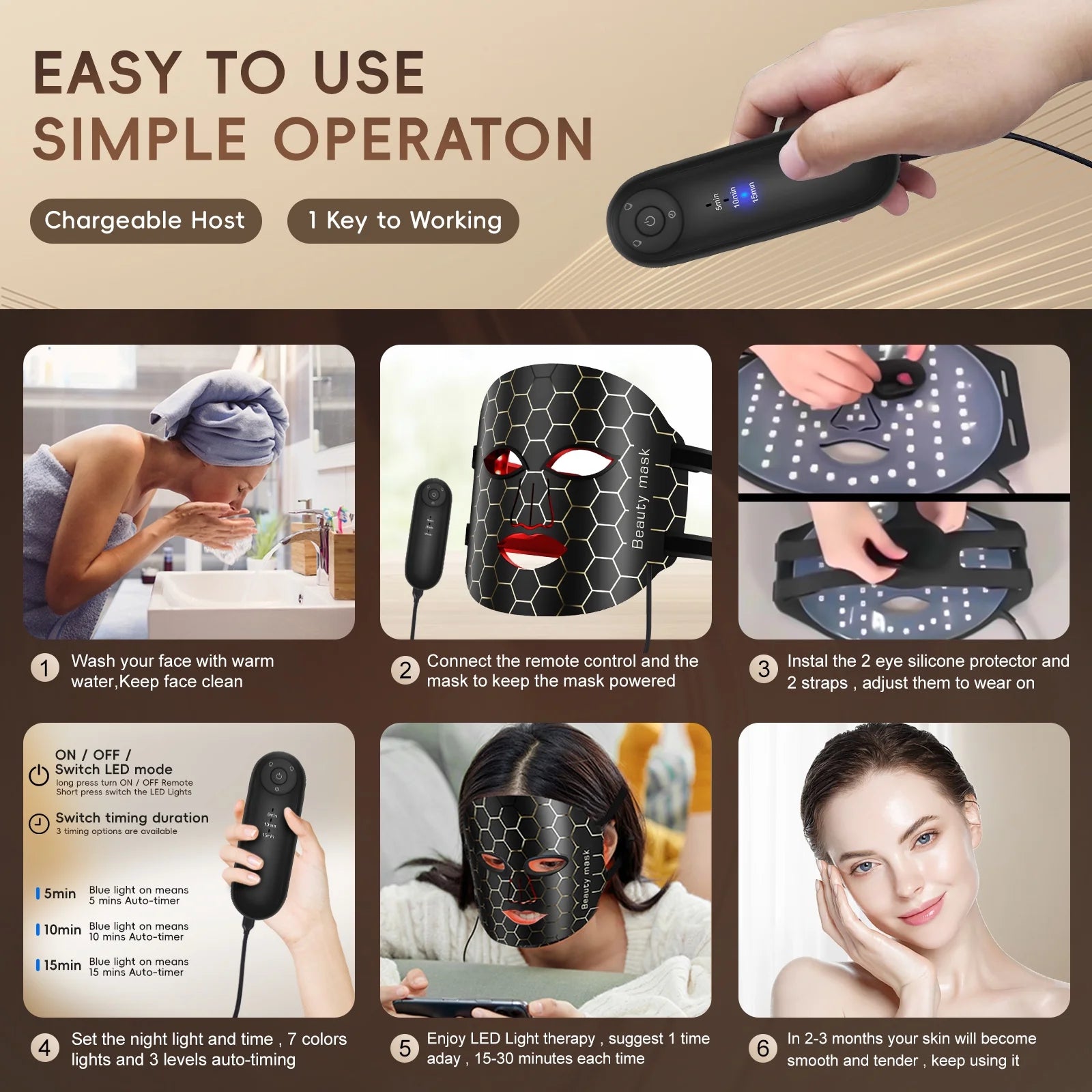 LED Face Mask Light Therapy, 7 Colors LED Red Light Therapy Mask for Face, Best Gift for Mom, Wife, Grandma, Black